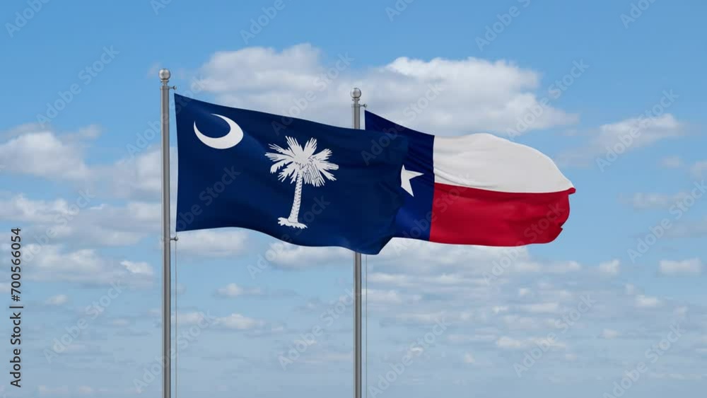 Texas and South Carolina US state flags waving together on cloudy sky, endless seamless loop Texas and South Carolina US state flags waving together on cloudy sky, endless seamless loop