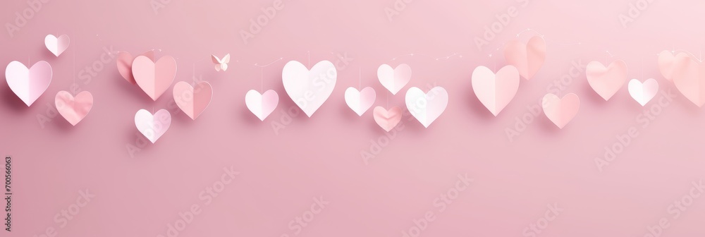 Happy Saint Valentine's day card, hanging pink, white and red hearts on rose background.