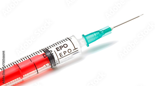 Syringe and needle for injecting erythropoietin or EPO, a doping substance for athletes
