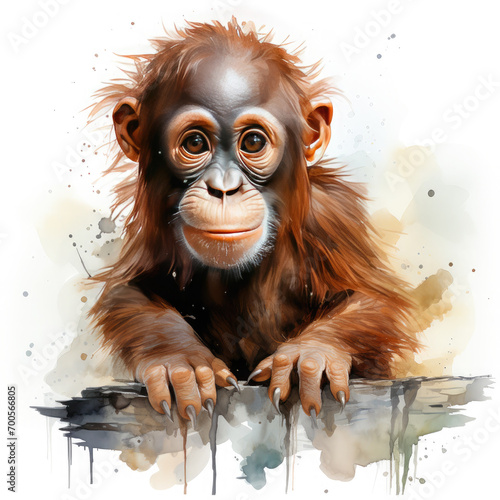 Watercolor Colorful Orangutan Illustration, Generative Ai