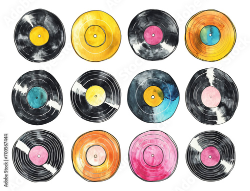 set of vinyl records watercolor texture decorative stickers