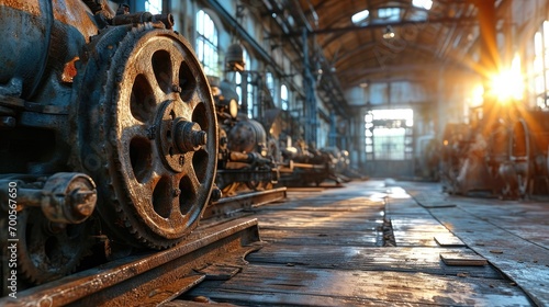 Vintage industrial machinery in an old factory with warm sunlight casting glow on metal gears.