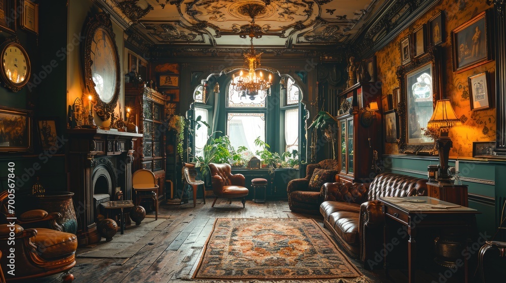 Elegant vintage interior of a luxurious living room with antique furniture and classic decor. Cozy and sophisticated ambiance. - obrazy, fototapety, plakaty 