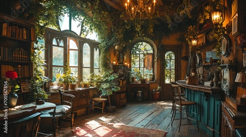 Cozy vintage room filled with antique furniture, lush houseplants, and warm sunlight streaming through the windows.