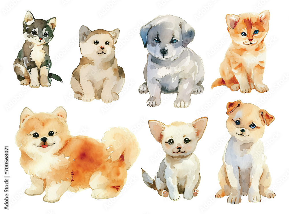 group of puppies watercolor texture decorative stickers