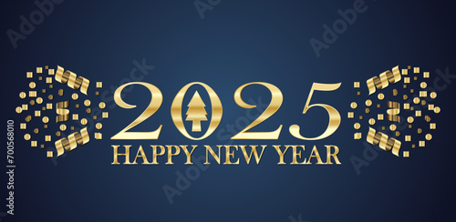 2025 Happy New Year. Greeting card with golden numbers on dark blue background.