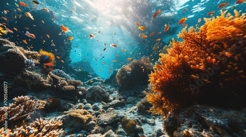 Colorful underwater scene with fish swimming around a vibrant coral reef, illuminated by rays of sunlight.