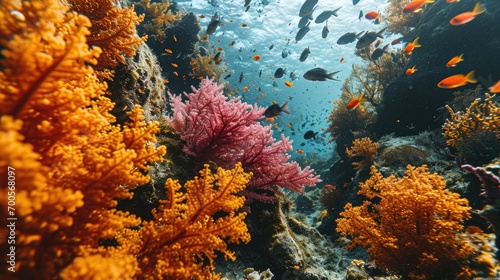 Vibrant underwater scene of a coral reef teeming with colorful tropical fish and marine life, perfect for nature and adventure themes. © apratim