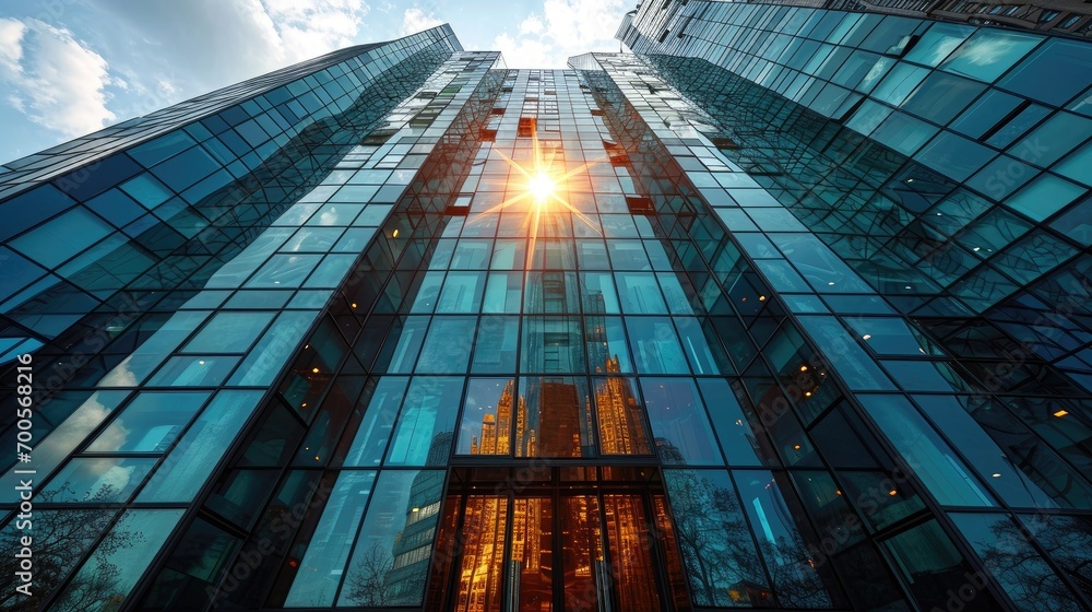 Low angle view of a modern skyscraper with glass facade reflecting sunlight in the city's business district.