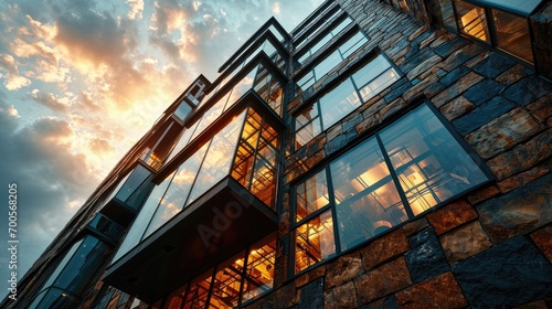 Low angle view of a modern skyscraper at sunset with warm light reflecting off the glass windows against a dramatic sky.