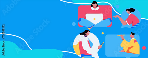 Virtual characters social communication concept business flat vector hand drawn illustration
