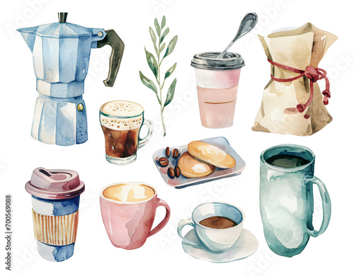 set of cups of coffee watercolor texture decorative stickers