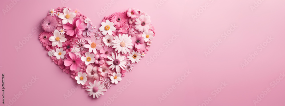 Valentine's Day background. White and pink flowers, hearts on pastel pink background. Valentines day concept. Flat lay, top view, copy space
