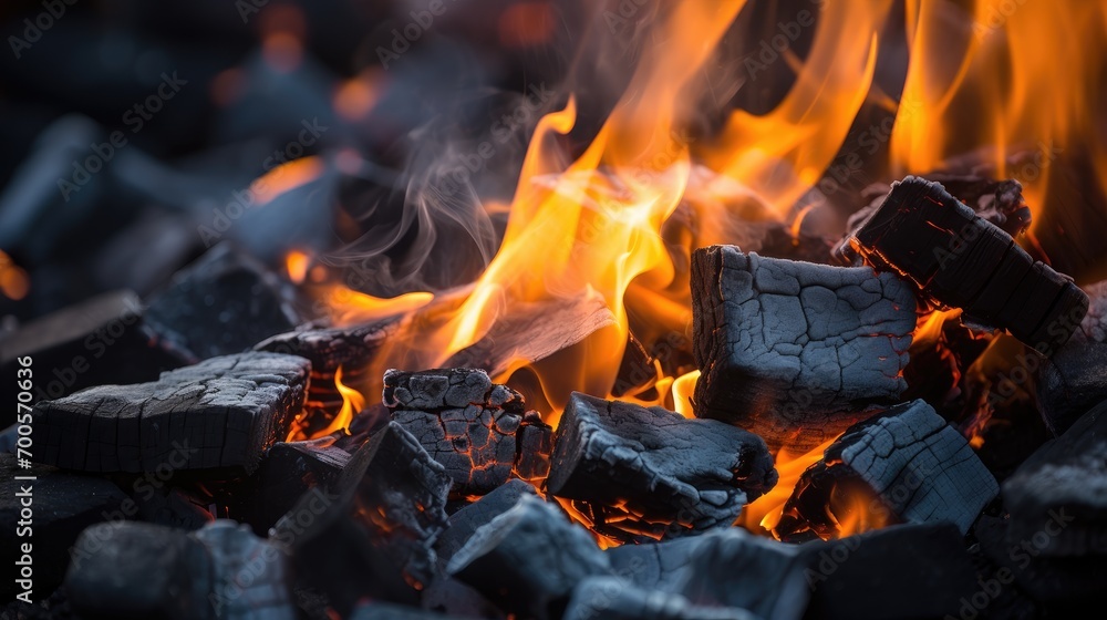 Fototapeta premium Burning firewood and coals of a fire close up. Background for grilled food with fire.