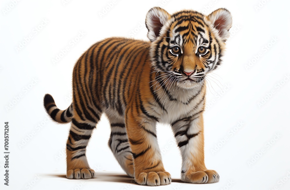 a tiger cub standing on a white background