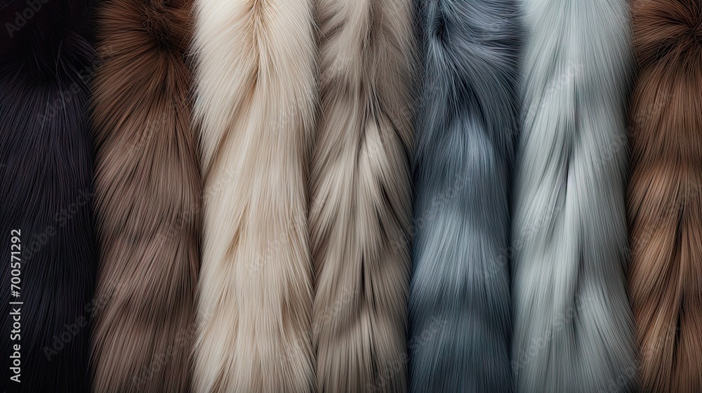 Multicolored fur texture background. Faux fur of different colors - obrazy, fototapety, plakaty 
