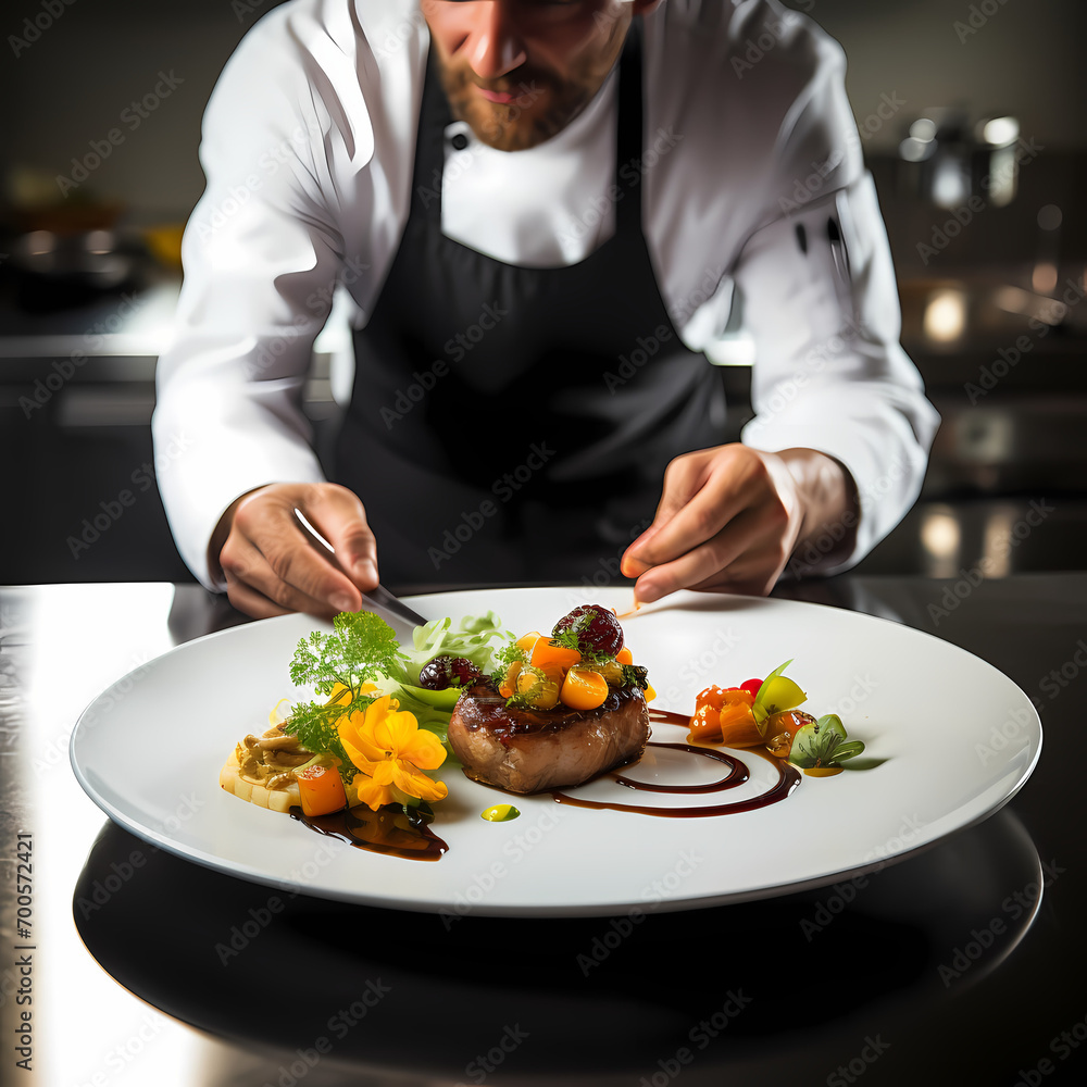 A chef presenting a beautifully plated dish.