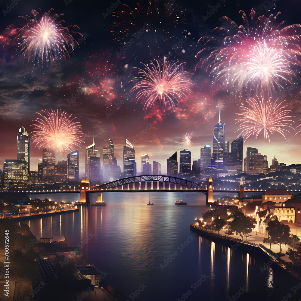 A city skyline with fireworks lighting up the night sky.