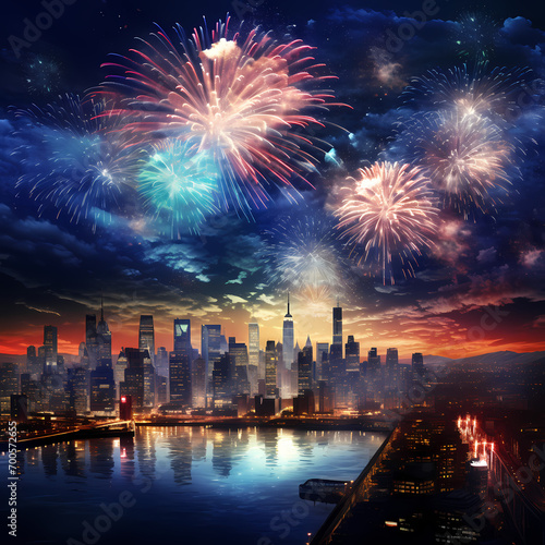 A city skyline with fireworks lighting up the night sky.