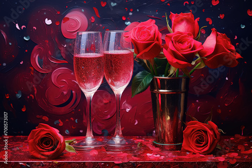 tarjeta de felicitacion de San Valentin con copas de champan, jarron dorado con rosas y fondo desenfocado rojo