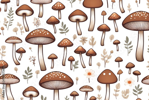 Pattern of mushrooms and flowers on a white background