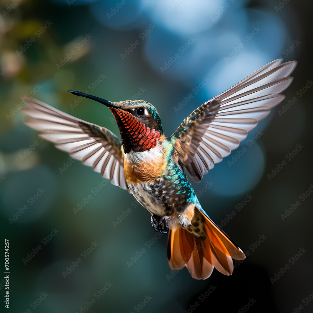 Close-up of a hummingbird in mid-flight.