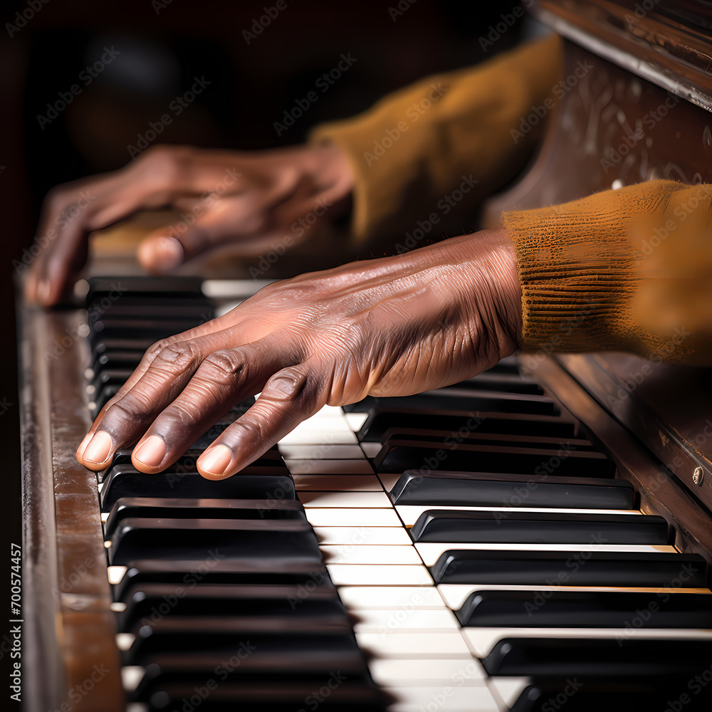 A close-up of a musician playing a grand piano.