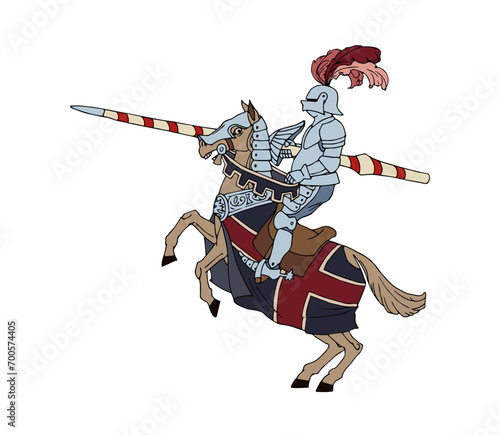 An equestrian knight at a festive tournament. A horseman in armor. Color vector illustration with black contour lines, isolated on a white background in cartoon style.