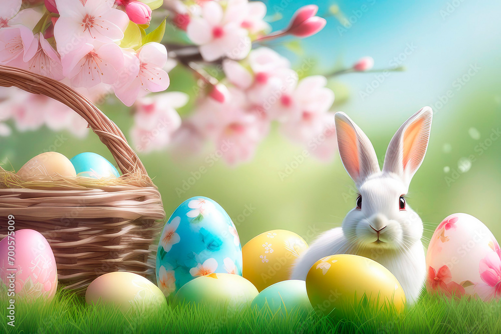 Happy easter greeting card with bunny, colourful eggs and cherry blossoms. Easter holiday concept.