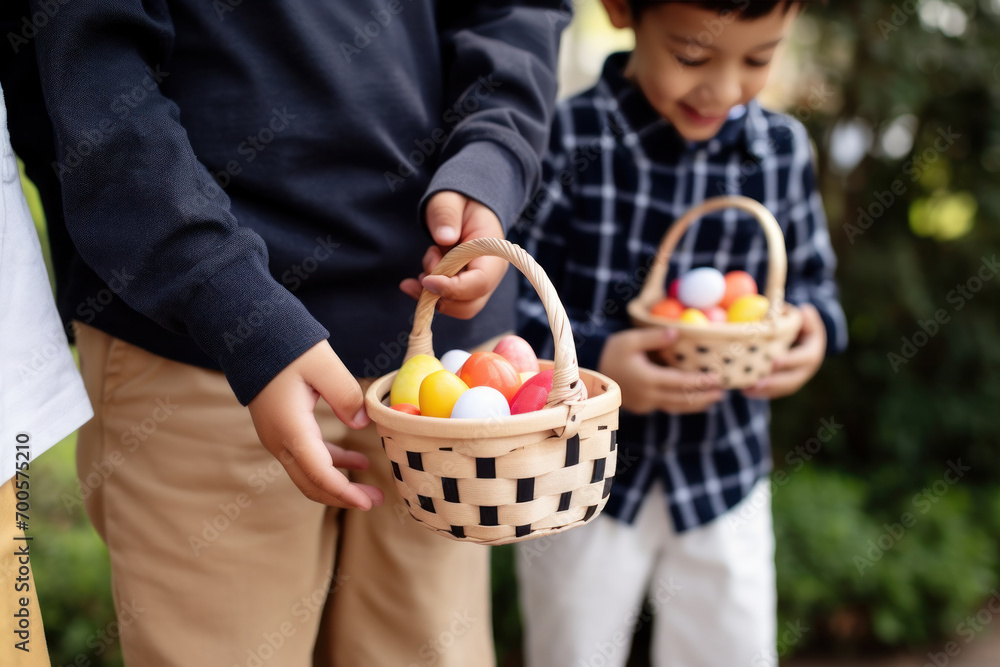 Children joyfully engaged in an Easter egg hunt, discovering eggs in a lush backyard garden. Children joyfully engaged in an Easter egg hunt, discovering eggs in a lush backyard garden.