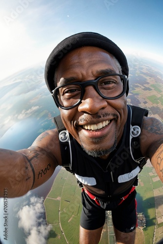 An adrenaline junky guy flying down the sky floating and skydiving in excitement having awesome fun with happy expression