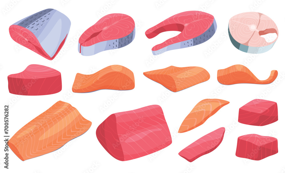 Red fish fillets and steaks, seafood. Raw pieces of fish meat. Ingredients for restaurant dishes. Vector illustration Red fish fillets and steaks, seafood. Raw pieces of fish meat. Ingredients for restaurant dishes. Vector illustration