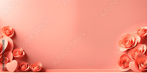 Valentine's day banner with large copy space in 2024 trendy color. Valentine's banner with heart and flowers with peach color that matches the background. photo