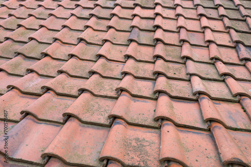 Detailed shot of a roof with red roof tiles