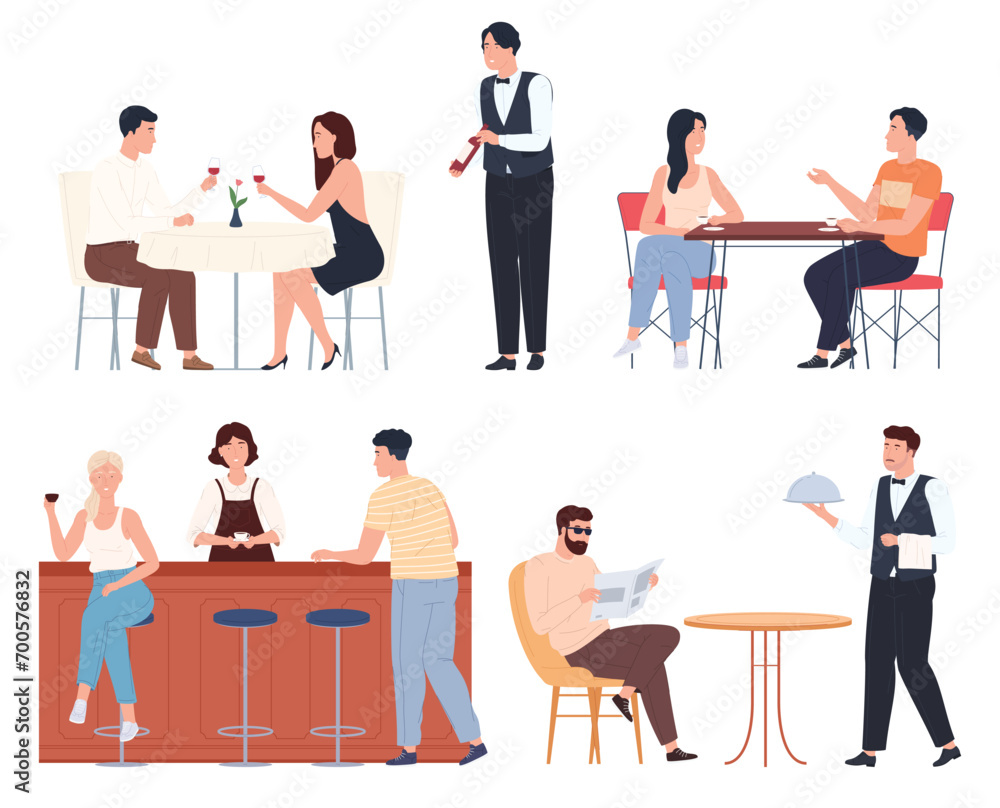 People are sitting at the tables and the bar counter in the cafe restaurant. Business lunch, romantic date, morning coffee. Waiters serve customers. Vector illustration People are sitting at the tables and the bar counter in the cafe restaurant. Business lunch, romantic date, morning coffee. Waiters serve customers. Vector illustration