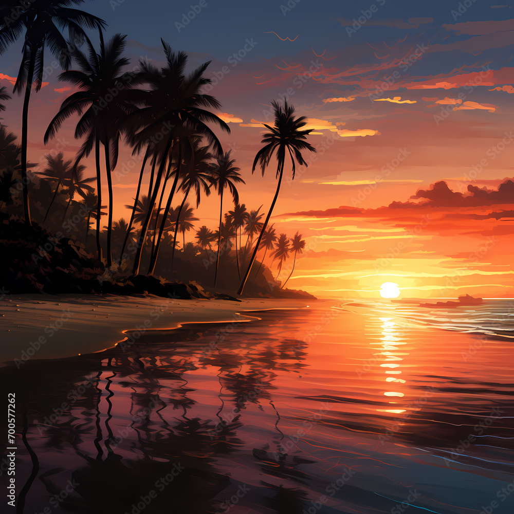 A serene beach at sunset with palm trees and a colorful sky.