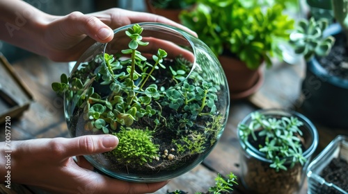 Terrarium Plant Making, Hands carefully arranging plants in glass bowl terrarium