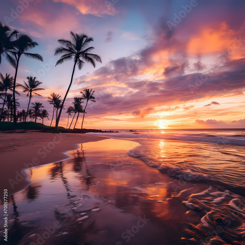 A serene beach at sunset with palm trees and a colorful sky. © Cao