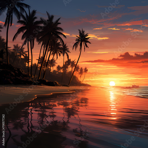 A serene beach at sunset with palm trees and a colorful sky.