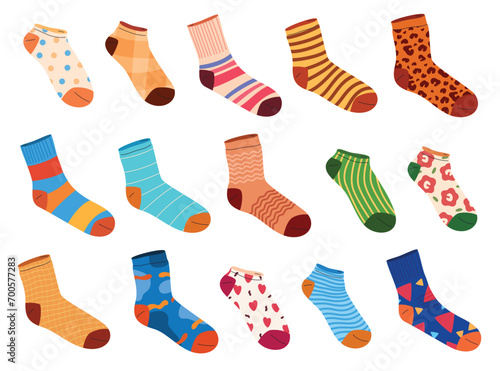 Cotton and wool socks with different patterns. Fashionable clothing accessories. Vector illustration