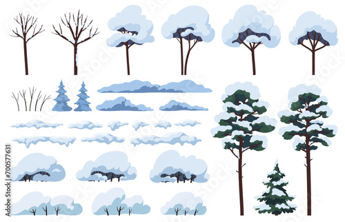 Snow covered trees and bushes. Elements of a winter landscape. The vegetation is covered with snow. Vector illustration