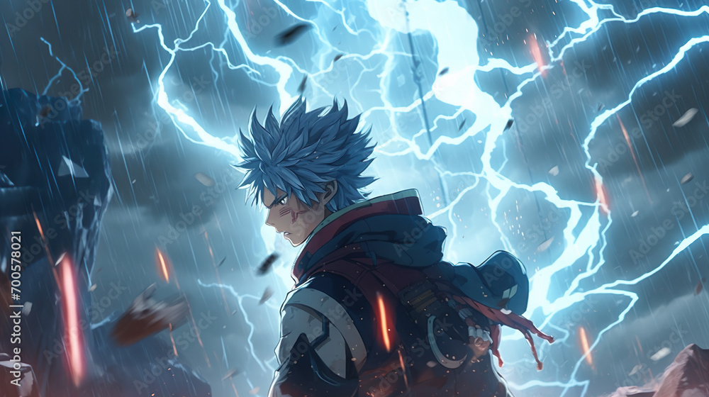 Anime-Charakter in stürmischem Gewitter mit Blitzen - obrazy, fototapety, plakaty 