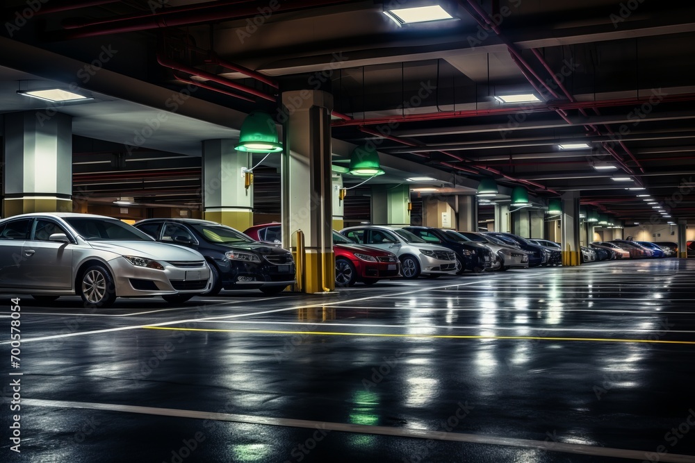 Underground parking lot with cars,  parking under an office building or shopping center - obrazy, fototapety, plakaty 