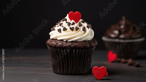 Chocolate cupcake with white cream sprinkled with small red hearts
