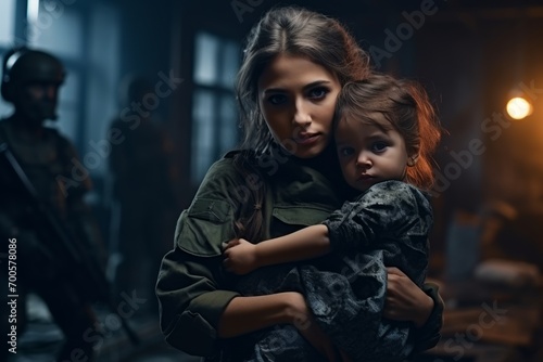 Young female soldier holding a child against the background of war