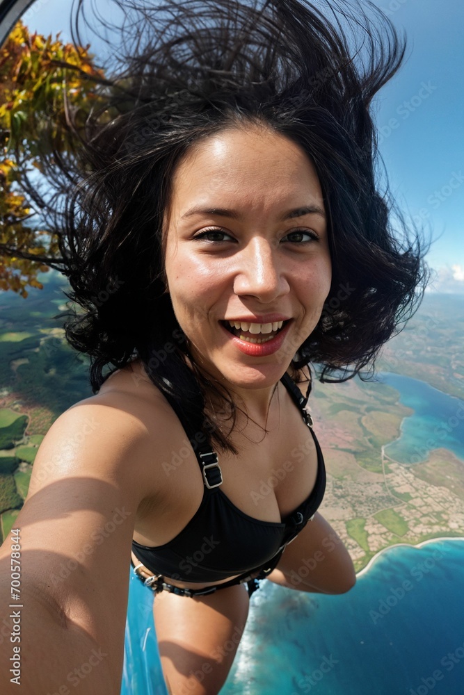 A fun loving girl floating in they blue sky and skydiving in excitement having awesome fun with happy expression A fun loving girl floating in they blue sky and skydiving in excitement having awesome fun with happy expression