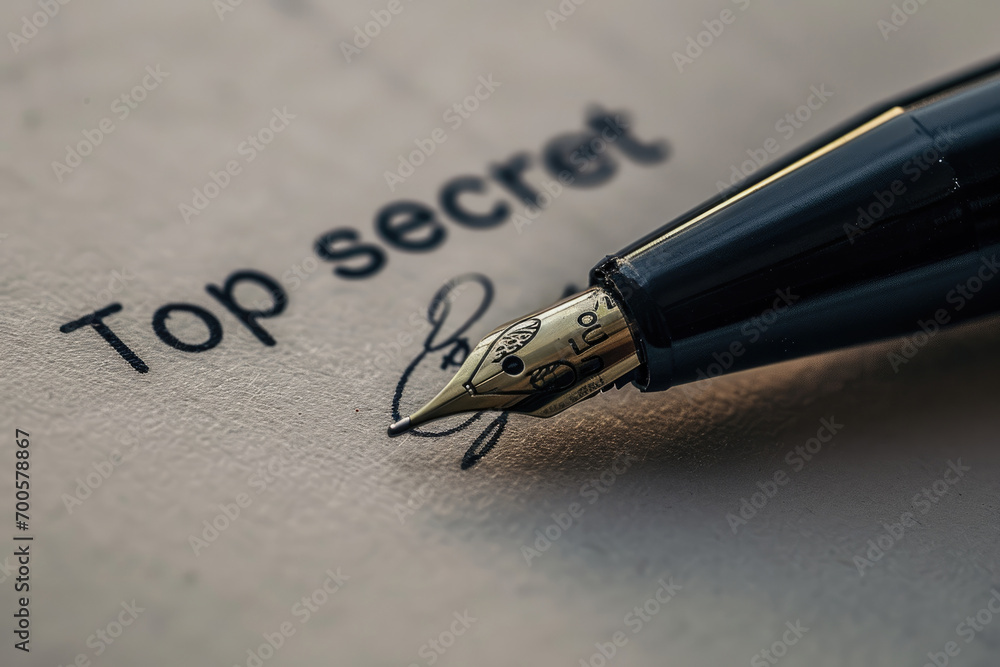 Fototapeta premium Close-up of an ink pen with a nib on a white sheet of paper With top secret inscription