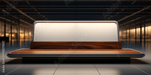 Wooden podium display with frame. Background for perfume, cosmetic and electronics products.