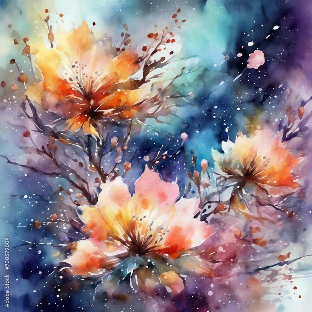 watercolor painting of flowers, contemporary art, intense, stylized, detailed