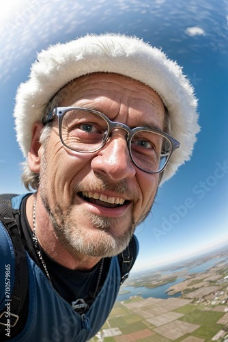 An exciting skydiving selfie of an elderly person old but fun having crazy fun laughing and enjoying life high in sky